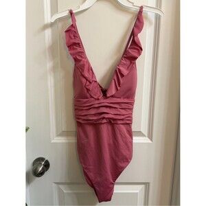 Soluna Swim Women’s One-Piece Swimsuit W/Ruffled Deep V in Dusty Rose Size Med